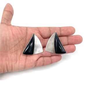 Vintage Mexican Sterling Silver Black Onyx Modernist Clip Earrings TR-148 Taxco